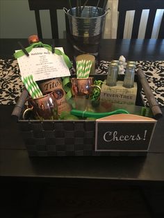 a basket filled with lots of different items on top of a table