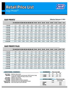 the printable price list for retail items