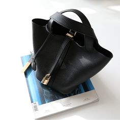 Free U.S. shipping. Style:  , color:Black, suite for season：Spring, Summer, Autumn ，Going out, Party, Work, Material Genuine Leather, Black Genuine Leather Litchi Grain Buckle Bag with Top Handle & Inner Pouch Mom Bag, Buckle Bag, Real Leather Bags, Mom Bags, Bucket Handbags, Handbag Vintage, Buckle Bags, Leather Bucket, Basket Bag