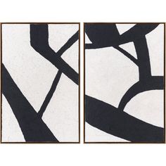 two black and white paintings on a white wall, one with an abstract design in the middle