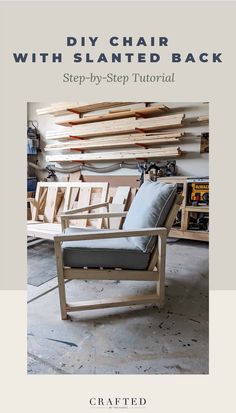 a chair sitting in front of a wall with wooden planks on it and the words diy chair with slanted back