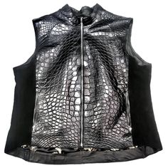 skin: alligator style: vest color: black Luxury Black Vest For Fall, Luxury Fitted Black Vest, Black Luxury Sleeveless Vest, Luxury Black Sleeveless Vest, Black Luxury Vest, Fitted Black Leather Vest, Fringe Leather Vest, Womens Suede Boots, White Linen Shirt