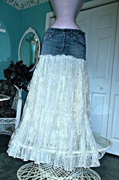 Ruffle lace jean skirt ivory French cream fairy goddess boho beach wedding mermaid cowgirl Stevie Nicks festival  Renaissance Denim Couture Jean Mermaid Skirt, Diy Demin Skirts, Jean Skirt Upcycle, Skirt Over Jeans Outfit, Denim Crafts Upcycling, Diy Lace Skirt, Upcycle Jeans Skirt, Diy Jean Skirt, Skirt From Jeans