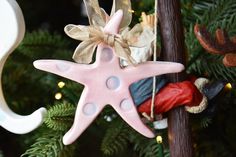 a pink starfish ornament hanging from a christmas tree next to other ornaments