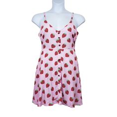 Hot Topic Pink Strawberry Print Button Front Mini Dress Size S Nwt Hot Topic Strawberry Print Button Front Mini Dress In Pink, Green, And Red. Faux Button Front. Back Zip Closure. Adjustable Straps. Pockets. No Stains Or Holes. Lightweight Airy Rayon Material. Cute Casual Spring Summer Dress. Size: S Length: 34" Pit To Pit: 18.5" Waist: 14.5" Condition: New With Tag Box K D/10/13pmer Casual Beach Dress With Strawberry Print, Casual Strawberry Print Dress For Vacation, Fitted Summer Mini Dress With Buttons, Fitted Buttoned Mini Dress For Summer, Cute Summer Button-up Dresses, Cute Button-up Summer Dresses, Fitted Sundress With Button Closure For Day Out, Pink Summer Dress With Buttons, Pink Button-up Mini Dress With Buttons