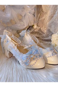 White Deer Floral Design White Beads Decorated High Heels Princess Heels, Party High Heels, Dr Shoes, Cute Shoes Heels, Fancy Shoes, Girly Shoes, Sweet Lolita, Blue Pearl, Pretty Shoes