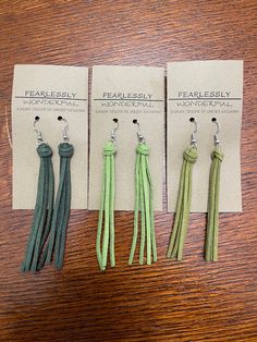 Army, Lime, and Olive Green suede cord fringe earrings Adjustable Green Tassel Earrings, Trendy Adjustable Tassel Earrings, Suede Crafts, Leather Cricut, Fringe Earrings Diy, Suede Earrings, Cricut Earrings, Leather Cord Jewelry, Cords Crafts