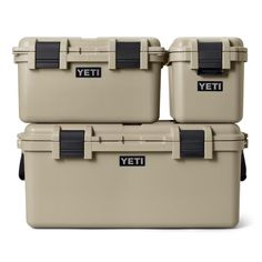 three yeti coolers sitting next to each other