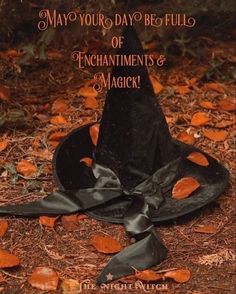 a black witches hat on the ground with leaves around it and welcome october written across the top