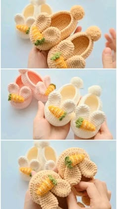 crocheted baby shoes are being held up by someone's hands and they have fruit on them