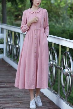 Casual Pink A-line Maxi Dress, Casual Pink Linen Dress For Spring, Pink A-line Casual Maxi Dress, Feminine Linen Beach Dress, Casual Pink Linen Maxi Dress, Pink Long Sleeve Linen Dress For Spring, Pink A-line Maxi Dress, Feminine Pink Linen Summer Dress, Pink Linen Maxi Dress For Summer