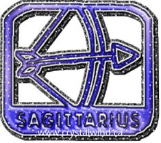 the sagittarius logo is shown in blue and black, with stars around it