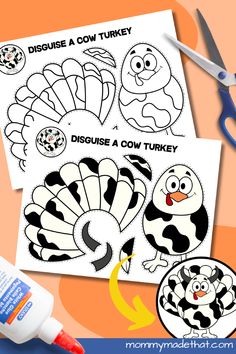 a close up of a cut out of a turkey with scissors and glue next to it