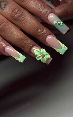 Light Green And White Nails, Green Nails French Tip, Gel Nails Shape, Bright Acrylic Nails, Elite Nails, Acrylic Nails Nude, Drip Nails, Colored Acrylic Nails, Girly Acrylic Nails