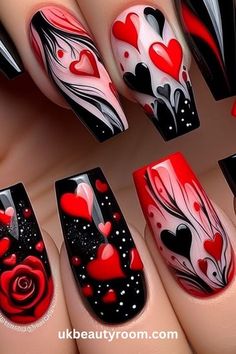 If you are doing something special for Valentine’s Day, why not decorate your nails with Valentine’s day nail art? Nail designs for Valentine’s Day usually include hearts or roses, and traditional Valentine’s Day colors, like pink, red and white. This post lists 30 ideas for Valentine’s Day Nails. Trendy, short designs, simple, gel, acrylic, pink, square, french tip, black, acrylic coffin, pink and red, short almond, simple Red Nails With White Heart Design, Nail Designs Red And Black, New Trendy Nail Art Designs, Queen Of Hearts Nails Designs, Red White And Black Nails, Nail Ideas Heart, Trendy Red Nails, Nail Art Designs Red, Valentines Acrylic Nails