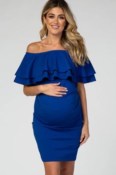 Royal Blue Off Shoulder Ruched Maternity Dress – PinkBlush Fitted Off-shoulder Maternity Dress, Fitted Ruffle Maternity Dress, Spring Party Maternity Dress With Ruched Details, Fitted Ruffled Maternity Dress, Fitted Blue Maternity Dress With Ruffles, Chic Maternity Dresses With Ruffles, Fitted Maternity Dress With Ruffles, Chic Off-shoulder Maternity Dress, Elegant Fitted Maternity Dress With Ruffles