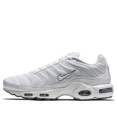 The Nike Air Max Plus 'White' is a sneaker that was ahead of its time when it was first released in 1998. Sean McDowell, the mastermind behind the sneaker, designed it to feature Nike's innovative Tuned Air technology. This technology provides excellent cushioning and support, making the Air Max Plus 'White' a great sneaker for any activity. The technical mesh upper and synthetic toe guard give the sneaker a modern look, while the black verticals in the forefront and heel Air units provide a pop of contrast. Three tread patterns on the rubber outsole provide stability and durability, making this an ideal sneaker for any individual. (SNKR) Nike Air Max Terrascape White, Classic Sneakers With Breathable White Sole, Classic Breathable Sneakers With White Sole, Nike High-top Sneakers With Air Max Cushioning In White, Nike White High-top Sneakers With Air Max Cushioning, White Synthetic Custom Sneakers For Jogging, White Custom Sneakers With Air Cushioning, Functional White Custom Sneakers With Air Cushioning, Nike White Custom Sneakers With Air Cushioning