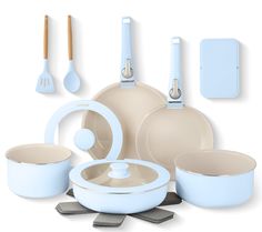 an assortment of kitchenware including pots, pans and utensils on a white background