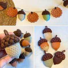 crocheted acorns are hanging from a string