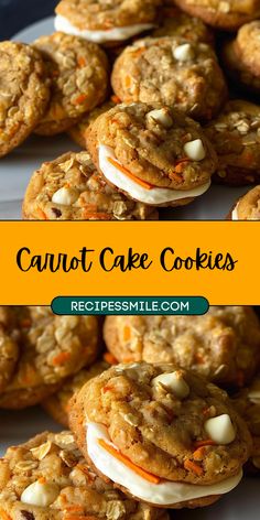 carrot cake cookies with white chocolate chips on top and in the background, there is a plate full of cookies