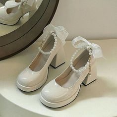 Cute Shoes For Prom, Marry Jane Heels, Pretty White Heels, Shoe Inspo Heels, Women’s Dress Shoes, Pretty Wedding Shoes, Coquette Shoes, Doll Heels, White Mary Janes