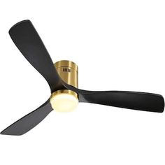 a ceiling fan with two black blades and a light on the bottom one is gold