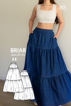 This perfectly easy yet perfectly romantic tiered ruffle skirt has all the pretty little design details needed for the ultimate summer-like piece without any time-consuming and complicated techniques. Wear either high or low-waisted! 🩵 BRIAR Tiered Ruffle Maxi Skirt PDF Digital Sewing Pattern for Women Sizes XS-XL After your purchase you will receive: an instructional ebook, the nested pattern in 5 sizes and 2 formats, A4/Letter and A0 copyshop, and the video tutorial. Design: Classic A-line si Dress Patterns Beginner, Barbie Skirt Pattern Free Sewing, Long Skirts Patterns, Starter Sewing Patterns, Sewing Projects To Gift, Sew Womens Clothes, Simple Sew Patterns, Long Skirt Free Pattern, Long Skirt Sewing Pattern Free