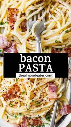 bacon pasta on a white plate with a fork and knife next to it, text reads bacon pasta