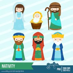 nativity clipart set with three wise men, one baby jesus and an old man