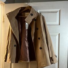 Button Up Pea Coat High Neck Line Beige Pea Coat With Button Closure For Fall, Fall Beige Pea Coat With Button Closure, Beige Buttoned Pea Coat For Fall, Beige Pea Coat With Buttons For Fall, Fall Beige Pea Coat With Buttons, Fall Collared Pea Coat, Fall Khaki Pea Coat With Double Button Closure, Khaki Pea Coat With Button Closure For Work, Beige Buttoned Outerwear For Winter