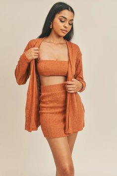 Cardigan Solid Color 3 Piece Set Rust Cardigan, Sweater Skirt Set, Work Looks, Rust Color, Layered Look, Sweater Skirt, Tube Top, Trend Setter, 3 Piece