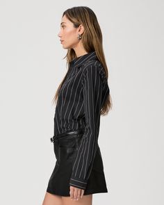 Made from supremely soft 100% cotton, this classic black and off-white striped long sleeve shirt is designed with a hook-and-eye closure and a flattering, fitted silhouette with a front notch. | Rosaly Shirt - Black/Buttercream | Size 14 Pinstripe Long Sleeve Office Tops, Classic Striped Collar Blouse For Fall, Classic Fall Blouse With Striped Collar, Classic Tops With Signature Stripes For Work, Classic Workwear Tops With Signature Stripes, Classic Blouse With Striped Collar For Fall, Classic Long Sleeve Tops With Vertical Stripes, Fall Pinstripe Long Sleeve Tops, Chic Long Sleeve Blouse With Vertical Stripes