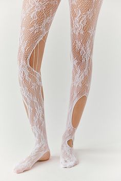 Forever femme in a textured lace design, these head-turning tights feature defined tear detailing throughout for a true lived-in, effortlessly edgy look. | On The Edge Lace Tights by High Heel Jungle at Free People in White Spring Fitted Tights With Lace Trim, Spring Fitted Lace Hosiery, Spring Lace Fitted Tights, Spring Lace Tight Legwear, Fishnet Lace Legwear, Fitted Lace Fishnet Legwear, Lace High Heels, Black And White Heels, White High Heels