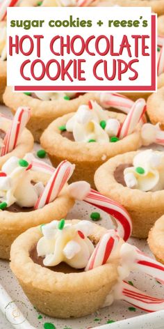 mini sugar cookies and reese's hot chocolate cookie cups on a platter with candy canes