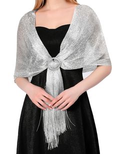 PRICES MAY VARY. Mesmerizing Elegance: Step into any formal affair exuding sheer glamour with our Sparkling Metallic Shawls. Crafted to dazzle, these shawls add a touch of opulence to any ensemble. Whether it's an evening soirée, a wedding, or a high-society event, embrace timeless elegance reminiscent of the roaring '20s or a modern, sophisticated allure. Effortlessly elevate your style by pairing it with dress or a gown, creating a statement piece that transcends fashion eras Dazzling Metallic Shawls And Wraps Formal, Sheer Shawl, Dress Shawl, Work Sweaters, Dress Scarf, 파티 드레스, Dress With Shawl, Silver Silk, Capes For Women