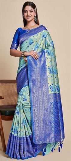 Blue color Saree in Kanjeevaram Silk fabric with Thread, Zari work Blue Art Silk Saree With Pallu, Blue Banarasi Silk Traditional Wear With Motifs, Blue Semi-stitched Saree With Motifs, Blue Art Silk Saree With Motifs, Blue Saree With Motifs For Diwali, Blue Traditional Saree With Motifs, Blue Saree With Motifs, Blue Art Silk Lehenga For Puja, Blue Anarkali Art Silk Saree