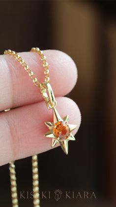 14k Solid Gold Natural Fanta Garnet North Star Pendant Necklace, Brilliant Cut Bright Orange Mandarin Spessartite, Dainty Collar Necklace NOT GOLD PLATED, NOT GOLD FILLED! All our jewelry are stamped with a gold hallmark to certify the metal purity of the item. Product Details ☑14K SOLID GOLD ☑NATURAL SPESSARTITE GARNET/ FANTA ORANGE GARNET TOTAL WIEGHT: APPROX. 0.80 CARATS 💓Tarnish resistant and sweat resistant 💓Hypoallergenic, made without lead, nickel and cadmium Gold Information *9K gold i Star Shaped Gemstone Fine Jewelry, Fine Jewelry Star Shaped Gemstone, Star-shaped Gemstone Fine Jewelry, Gold Star Of David Gemstone Jewelry, Gold Star Of David Jewelry With Gemstone, Handmade Star-shaped Yellow Gold Necklaces, Orange Jewelry With 17 Jewels As A Gift, 14k Gold Star-shaped Gemstone Jewelry, Star Shaped Yellow Gold Gemstone Jewelry