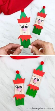 an easy christmas craft for kids to make with toilet paper and glue, the elf is made out of construction paper