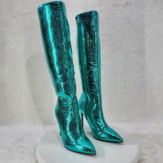 Green Metallic Festive Pointy Toe With Inseam Side Zipper Snake Skin Textured 4 Inch Stiletto Heel Brand New In Box. Green High Heeled Boots For Party, Chic Green Heeled Boots For Party, Green Knee-high Heeled Boots For Party, Elegant Green Heeled Boots For Party, Elegant Green Boots For Party, Green Closed Toe Party Boots, Trendy Almond Toe Heeled Boots For Party, Lisa Outfit, Rhinestone Boots