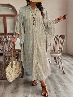 Naranja Quemada  Collar manga media Tela tricotada A rayas Camisa,Caftán Embellished No-Elástico Kaftan Shirts Women, Casual Striped V-neck Kaftan, Striped Long Sleeve Maxi Dress For Vacation, Beach Button-up Maxi Dress With Buttons, Button-up Maxi Dress For Beach, Casual Long Maxi Dress With Buttons, Button-up Maxi Dress For The Beach, Long Sleeve Maxi Dress With Buttons For Vacation, Vacation Maxi Dress With Button Closure And Long Sleeves