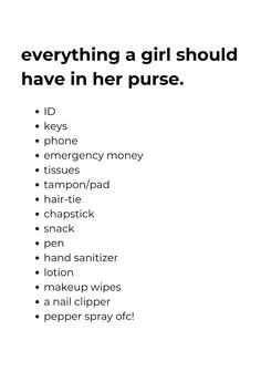 this is just a short list of things any "that girl" would definitely keep in her purse! #Purseessentials #purseorganization #advice #relatableforgirls #girlsadvice What Should Be In Your Purse, Things To Put In Your Purse For School, What To Put In My Purse, Things To Keep In Purse, Personal Bag Packing List, What To Keep In Your Bag, Purse Essentials Aesthetic