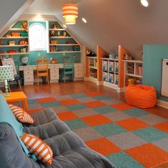 a child's playroom with an orange and blue checkered floor