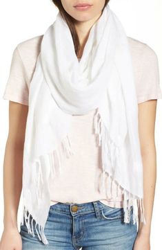 For Sale 100% Authentic                                                                  NEW Nordstrom Linen Blend Scarf in white  COLOR: White A fringe border furthers the summer-ready vibe of a gauzy scarf cut from an airy linen blend. 28" x 76"; 3" fringe. 52% linen, 48% viscose. Hand wash cold, line dry. Imported Please Check out my other items! Shipping and returns Combine shipping is available, please message us when you done your shopping  RETURN POLICY: Restocking fee 10% will be charged Chunky Knit Scarves, Scarf Outfit, White Snow, Pink Scarves, Striped Scarves, Fringe Scarf, Floral Print Skirt, Cotton Skirt, Linen Women