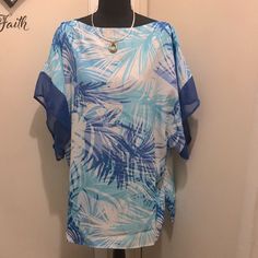 Ladies Sheer Blouse Can Also Be Used As Beach Cover Up Size Large. Nwot. Smoke Free And Pet Free Blue Short Sleeve Beachwear Cover-up, Light Blue Summer Tops For Vacation, Light Blue Summer Vacation Tops, Breezy Beach Tops For Beach Season, Breezy Short Sleeve Tops For The Beach, Blue Short Sleeve Top For Vacation, Light Blue Short Sleeve Tops For Beach Season, Breezy Vacation Top For Beach Season, Blue Short Sleeve Tops For Beachwear