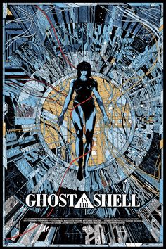 the cover to ghost in the shell, with an image of a woman walking through a city