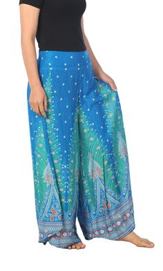 "♥ PALAZZO PANTS WOMEN Peacock Print - Small to Plus Sizes Fit All - Hippie Style Clothes - Wide Leg Pants - Bohemian Pants - Thai Yoga Pants Lannaclothesdesign comfy and stylish palazzo pants have elastic waist. Pants are really comfy to wear and they are handmade with breathable and soft wood pulp rayon material. Many different sizes available with many different pattern and colors. These wide leg pants are good for relaxation, traveling, dance, indoor and outdoor wear. Lannaclothesdesign prod Blue Bohemian Wide-leg Pants, Bohemian Blue Wide-leg Pants, Blue Bohemian Full Length Pants, Bohemian Style Full Length Blue Pants, Bohemian Blue Bottoms With Boho Print, Blue Bohemian Bottoms With Boho Print, Bohemian Blue Wide Leg Yoga Pants, Bohemian Style Blue Wide Leg Yoga Pants, Blue Boho Print Hippie Bottoms