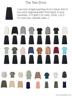 How to test-drive a black skirt in your wardrobe Closet Decluttering, Business Capsule Wardrobe, Cleaning Out Your Closet, Capsule Wardrobe Dresses, Create Capsule Wardrobe, Wardrobe Organization, Capsule Wardrobe Women, Chic Clothing Style, Capsule Wardrobe Work