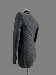 Dark Blue Japanese Denim Overlock Blazer by Carol Christian Poell 100% Cotton Japanese Heavy and Dense Denim with thick Overlock Seams throughout, one button closure with oxidized brass metal buttons, notched lapels, signature pagoda shoulders Slim fit JM2029 KIT-J/16 Extremely rare item! Pre-owned in excellent condition! Size 44 Shoulder 38cm Pit to pit: 46cm Sleeves from shoulders: 68cm Back length from under the collar: 77cm Hand Tailored in Italy Tailored Denim Blazer With Button Closure, Fitted Denim Blazer With Lapel Collar, Fitted Denim Blue Outerwear With Notch Lapel, Classic Denim Blazer With Buttons, Fitted Denim Jacket With Notch Lapel In Denim Blue, Fitted Denim Blue Jacket With Notch Lapel, Fitted Denim Blue Denim Jacket With Notch Lapel, Formal Tailored Denim Outerwear, Tailored Denim Outerwear For Formal Occasions