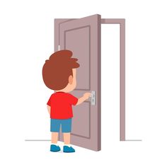 a little boy standing in front of an open door with his hand on the handle