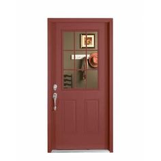 a red front door with glass panels